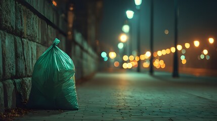 Full green plastic trash bag sits on a sidewalk next to a stone building wall under the ambient street lighting of a quiet city night scene.