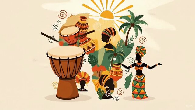 Artistic map of Africa with traditional drums pottery and tribal woman profile