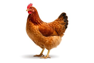 Fototapeta premium Full body view of a brown hen standing isolated on a white background