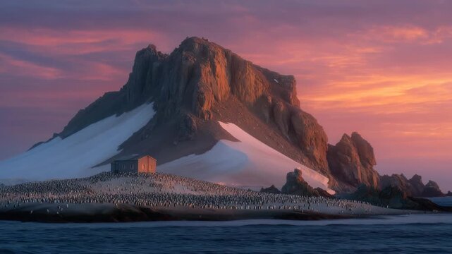 4k Vernadsky Base surrounded by penguins at sunrise, peaceful Antarctic view antarctica, vernadsky, penguins, sunrise, polar, wildlife, research station, ukraine, nature, beauty