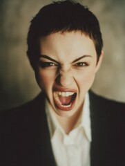 Schreiende Frau mit kurzen Haaren als intensives Emotionsportr&auml;t