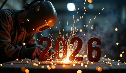 Process of welding the number 2026 in the workshop.