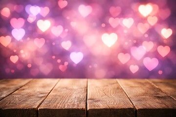 Romantic wooden table background with sparkling heart bokeh lights for valentine s day