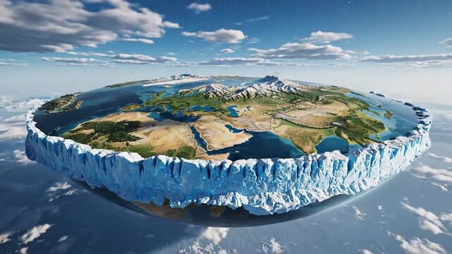 Vivid rendering of the flat earth concept, showing continents on a disc world, bordered by an icy wall, suspended in cosmic space beneath a blue sky