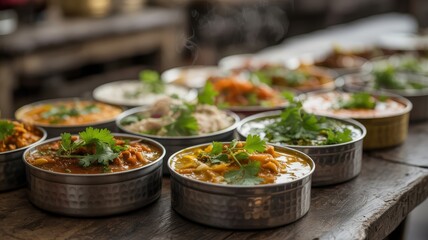 Assortment of Delicious Indian Curries and Dishes Served in Metal Bowls.