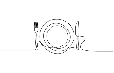 Continuous line art or One Line Drawing of plate, khife and fork. Editable black stroke on white background. Vector illustration.