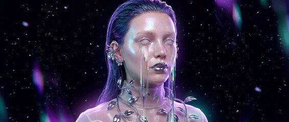 Iridescent woman with metallic leaves and digital glitch tears in cosmic space, futuristic 3d render of a humanoid female for sci-fi and cyberpunk digital art concepts
