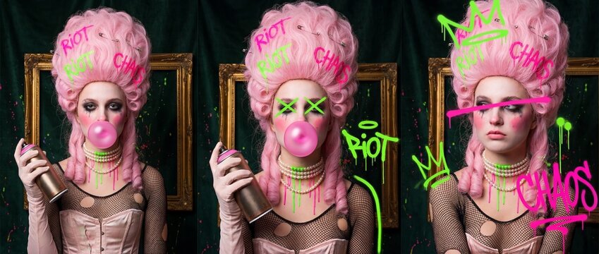Young woman with pink rococo wig blowing bubblegum and holding spray paint can, punk rebellion and anarchy theme with neon graffiti for creative fashion subversion