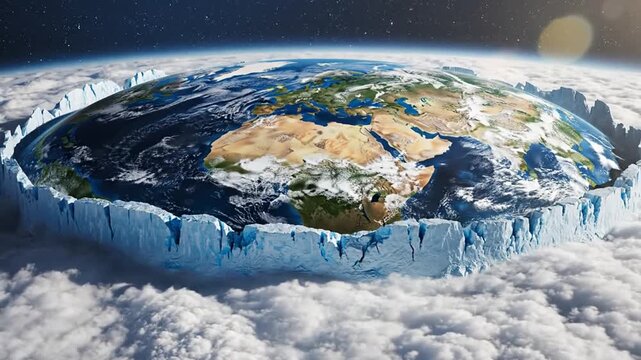 Detailed illustration of the flat Earth theory, showing the world as a disc surrounded by an immense ice wall, floating above clouds in the cosmic expanse