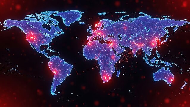 Abstract digital world map showing global data network and crisis hotspots - Powered by Adobe