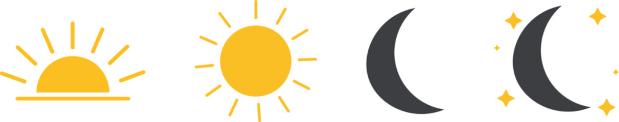 Modern and Unique style Day and Night Icons Set Sun, Moon, Sunrise & Stars Vector Collection