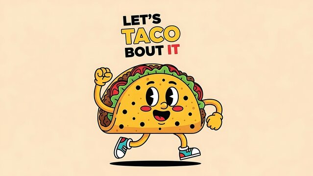 Funny Taco Cartoon Character with Let&rsquo;s Taco Bout It Quote Illustration