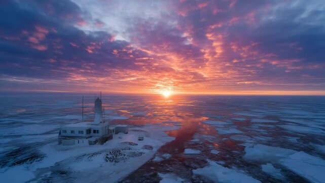4k Vernadsky Station viewed from drone at sunrise over icy ocean antarctica, vernadsky, aerial, drone view, sunrise, ocean, ice, polar, ukraine, research base