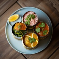 Assortment of Indian Curries Served in Small Metal Bowls with Lemon Wedge.