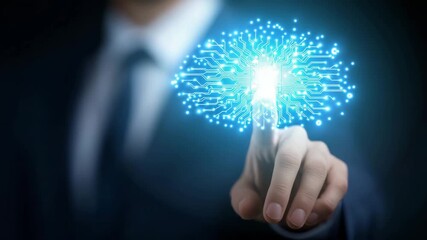 Businessman touching virtual AI interface, artificial intelligence network concept, futuristic digital technology visualization, innovation in business and data  4k - Powered by Adobe