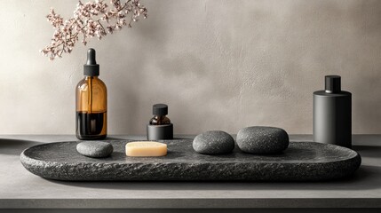 Stones, aromatic oils and bottles are laid out on a minimalist grey surface — the perfect atmospheric backdrop for advertising natural cosmetics or spa treatments.