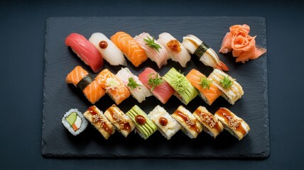 Assortment of Fresh Sushi and Maki Rolls on a Slate Platter.