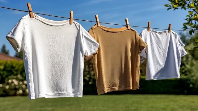 Shirts hang on a clothesline to dry in a sunny backyard, with a clear blue sky and green grass during the daytime