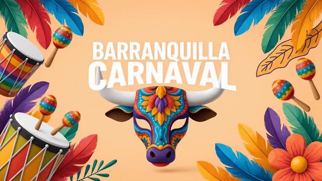 Barranquilla carnival festival banner with colorful bull mask drums and feathers