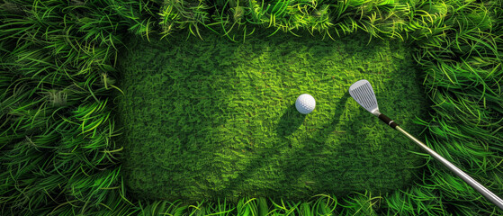 A perfectly manicured lawn with a ball and golf club creates a sporting backdrop suitable for advertising active leisure activities.