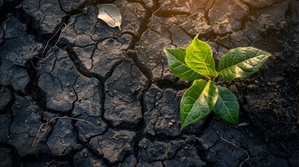 A young sprout barely breaks through the dry, cracked earth — a symbol of life's struggle against drought, ideal as a dramatic backdrop for environmental campaigns.