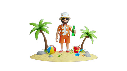 3D Cartoon Man Relaxing on Tropical Island with Beer