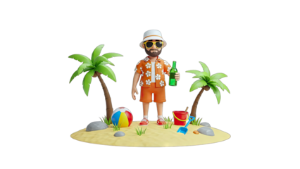 3D Cartoon Man Relaxing on Tropical Island with Beer