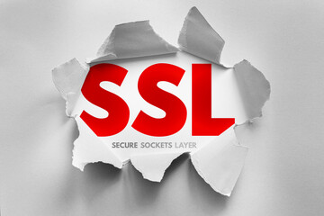 SSL acronym for Secure Sockets Layer displayed behind a torn paper design, symbolizing encrypted internet communication, digital security, and protection for sensitive online data exchange