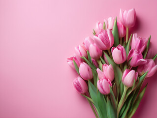 Vibrant pink tulips bouquet on solid pink background for spring.