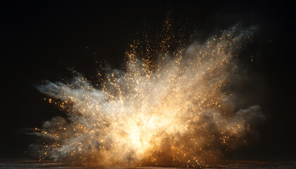 Golden sparkle particles exploding in dark atmospheric haze with cinematic light scattering effect