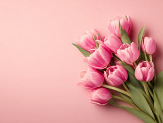 Vibrant pink tulips arranged beautifully on soft pink background.