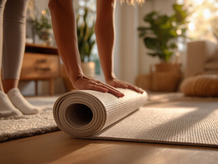 Woman preparing for yoga practice by unrolling a mat in a serene home environment.