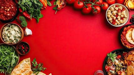 A festive circular frame of Mediterranean food including hummus, falafel, pita, tomatoes, olives, herbs, and sauces on a bright red background