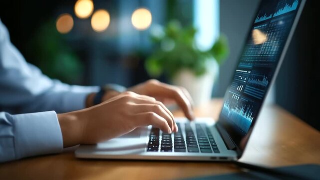 Faceless person working on laptop to optimize location listings and enhance online reputation, focusing on local SEO to boost business reviews, defocused screen, with copy space
