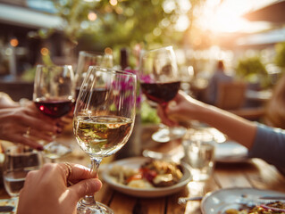 Friends enjoying wine and meal together on sunny outdoor patio.