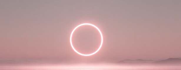 Neon ring glow effect with soft light scattering on misty gradient background