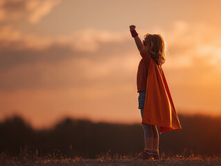 Little girl in orange superhero cape standing strong at sunset.