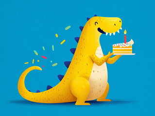 Smiling dinosaur holding birthday cake with confetti.