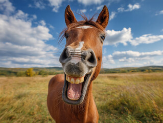 Smiling horse showing teeth in a sunny field with blue sky.