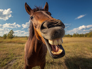 Brown horse smiling playfully in a sunny field with blue sky.