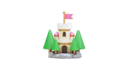 3D Castle with Trees and Flag on White Background