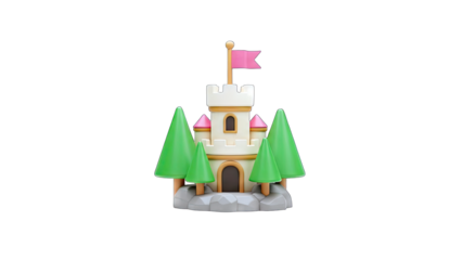 3D Castle with Trees and Flag on White Background