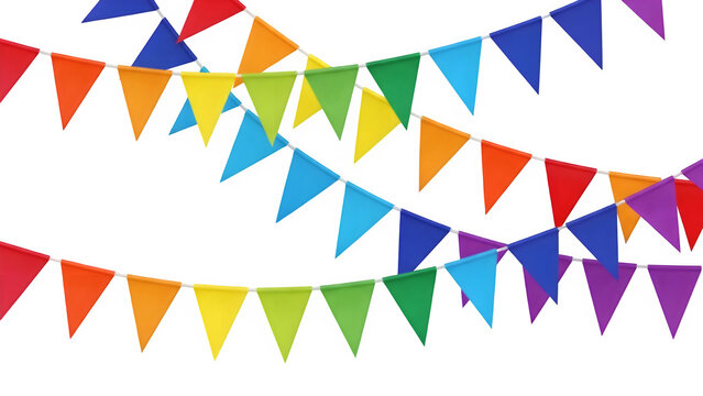 Vibrant multicolored triangular pennant banner decorations on black background