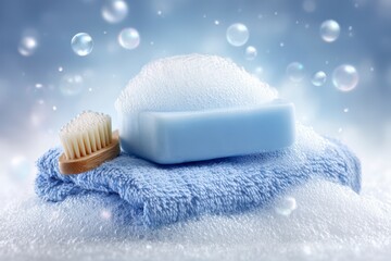 A foamy blue soap bar rests on a plush towel amid floating bubbles, creating a bright, hygienic scene ideal for bath product branding or spa advertising layouts.