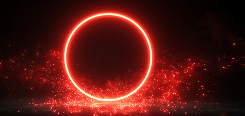 Golden ring, circle with glowing light beams and sparkling particles on dark background