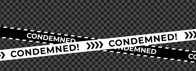 Condemned warning tape cross on transparent dark grid, black white safety barrier with arrows, copy space for crime scene, demolition, restricted area alerts. Vector illustration