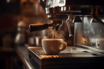 Rich espresso pouring into a steaming white cup from a shiny coffee machine.