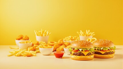 Fast food spread with burgers and fries