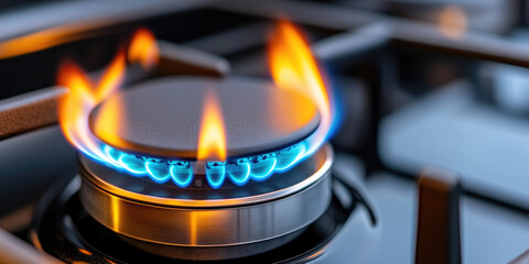 Clear blue flame burning cleanly on a gas stove burner with a touch of orange at the tips, symbolizing efficient energy, heating, household utility and modern kitchen appliances. Copy space