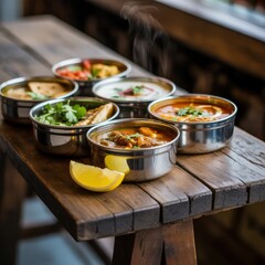 Assortment of traditional Indian curries and dals served in steel bowls on a rustic wooden table.